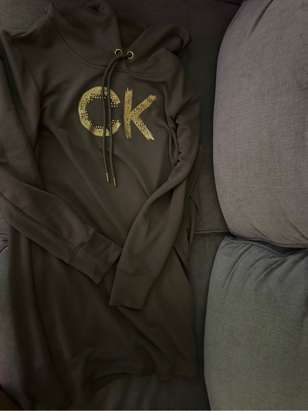 CK Logo Embellished Hoodie Dress in Dark Olive Large